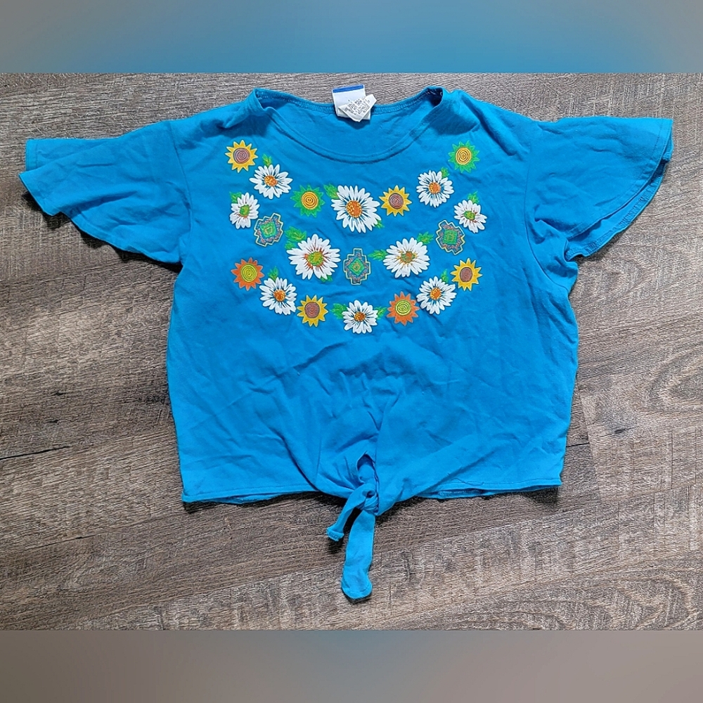 Vintage Early 90's Top Short Flutter Sleeve Tie Front Girls M Blue w/ Floral Gra